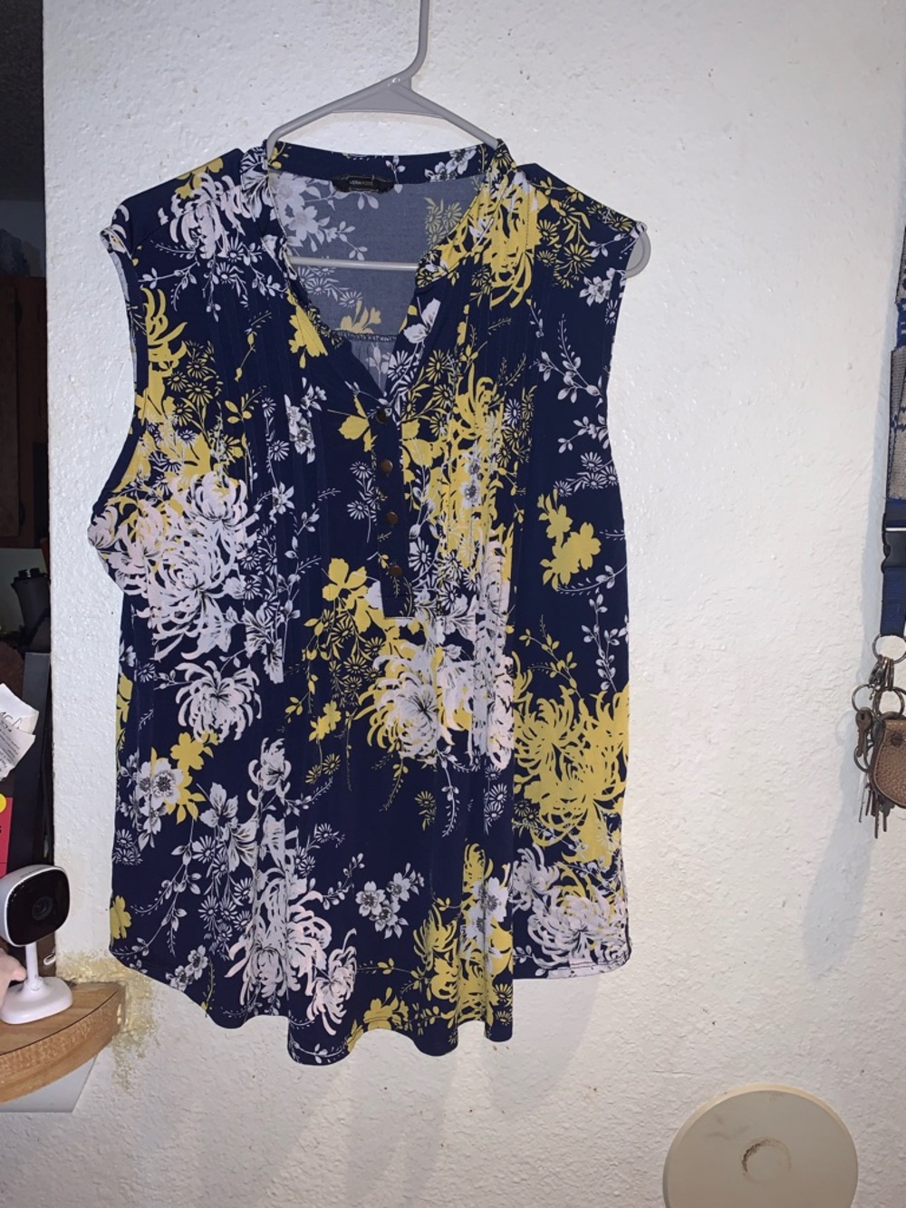 Navy Floral Sleeveless V-Neck Blouse with Yellow Accents